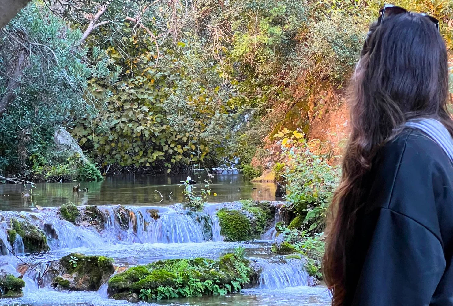 Woman admiring small waterfalls on an Akchour day trip from Tangier