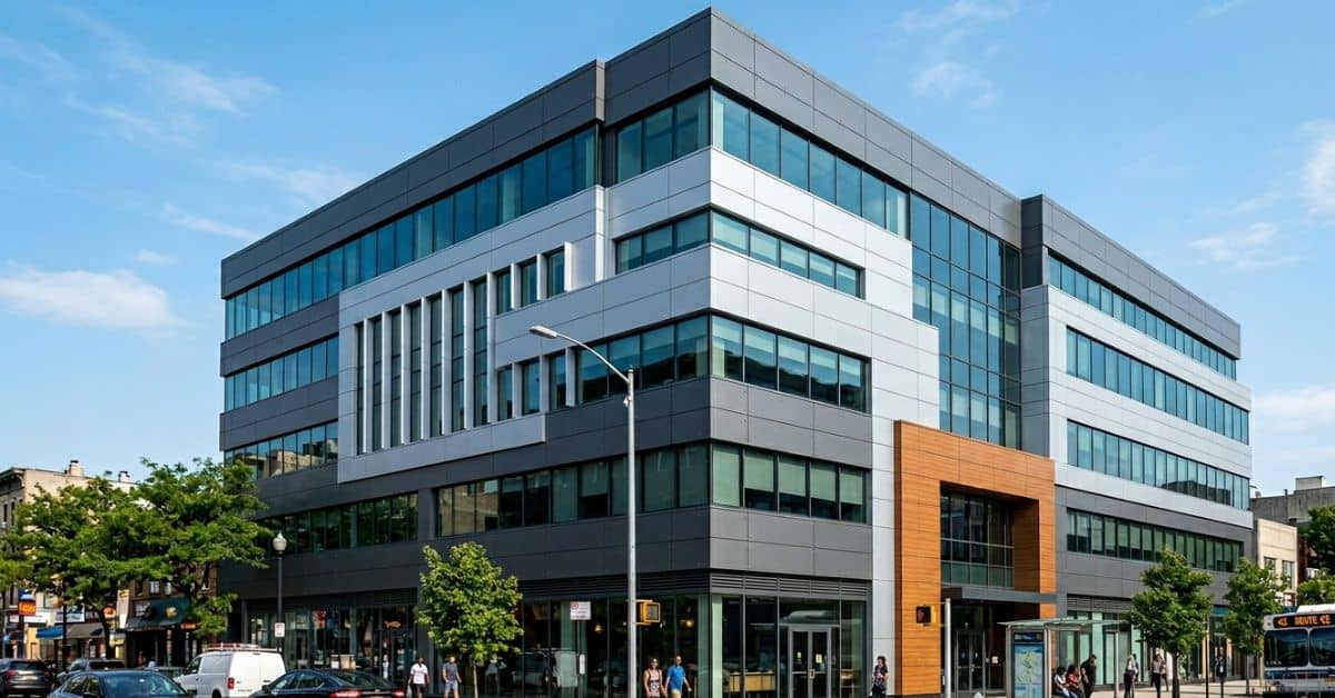 Modern glass and gray office building with a wooden framed entrance on a busy city street