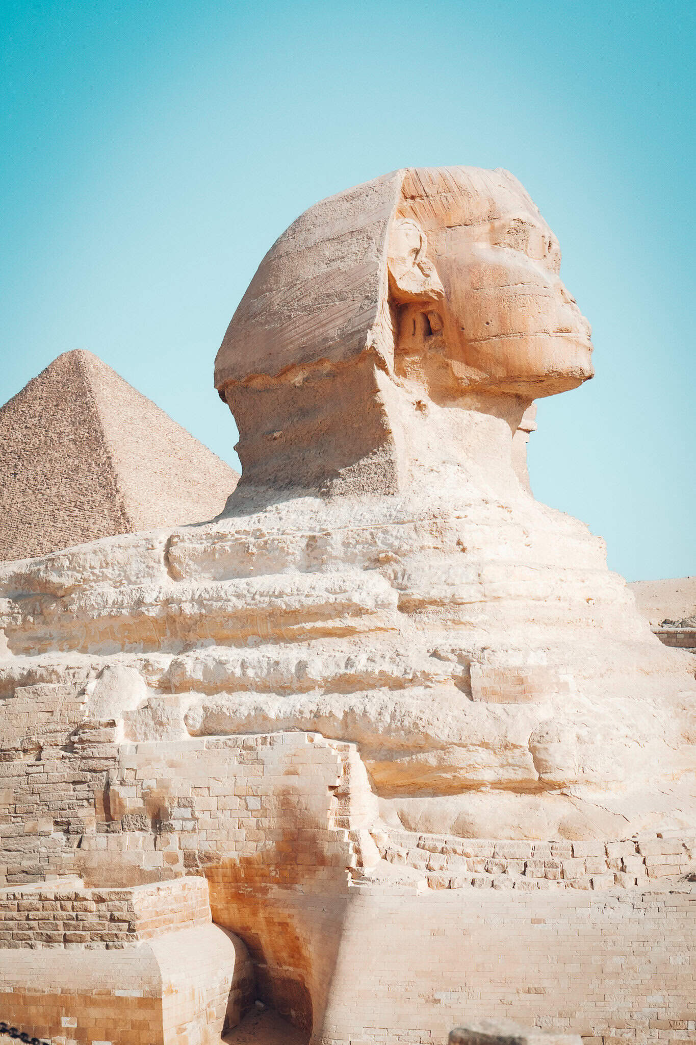 Close-up side view of the Great Sphinx of Giza under bright sunlight, with the Pyramid of Khafre visible in the background against a clear blue sky.