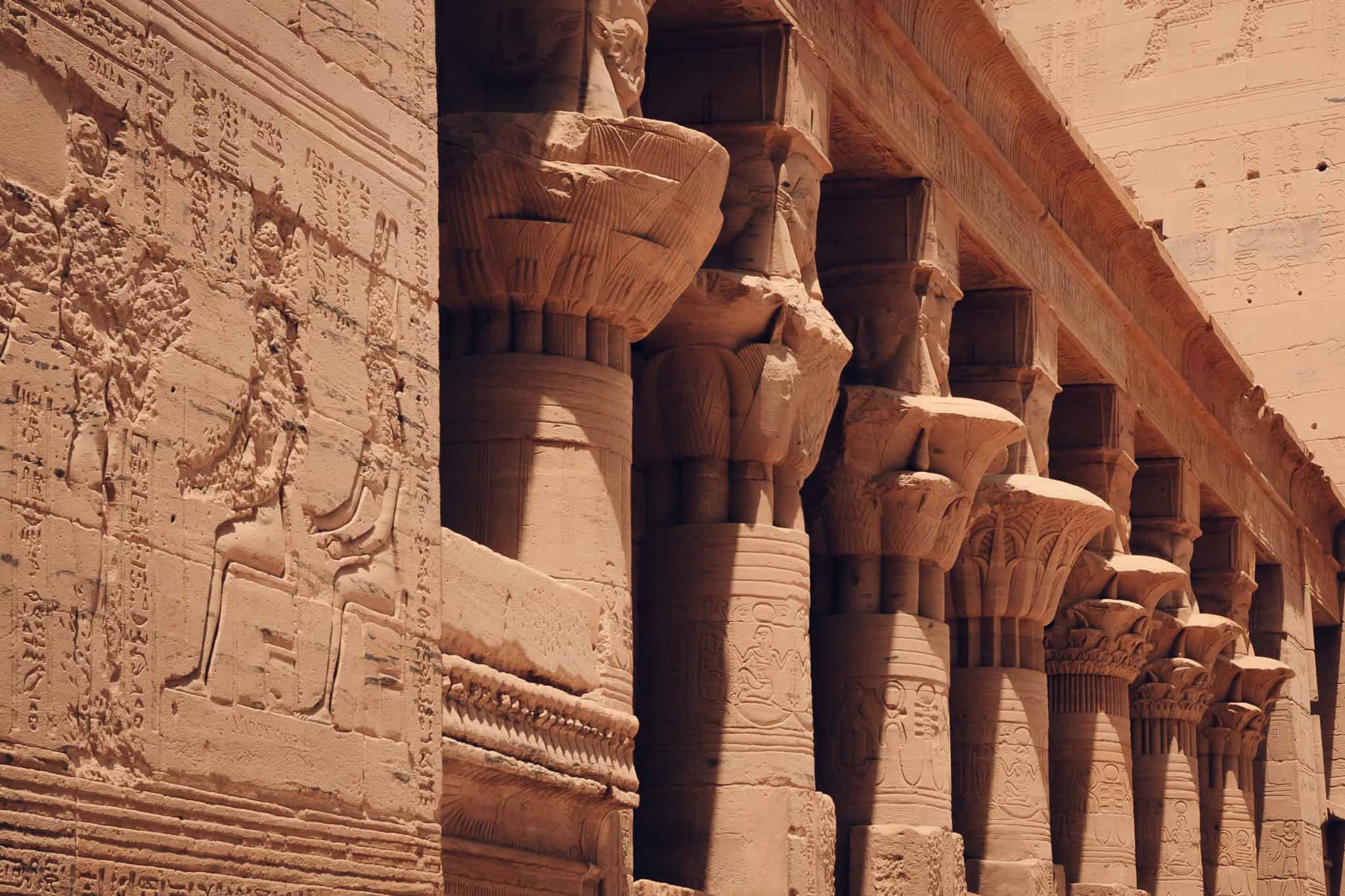 Detailed reliefs and rows of lotus-bud columns at Philae Temple in Aswan, Egypt, showing ancient gods and hieroglyphs carved into the sandstone walls.