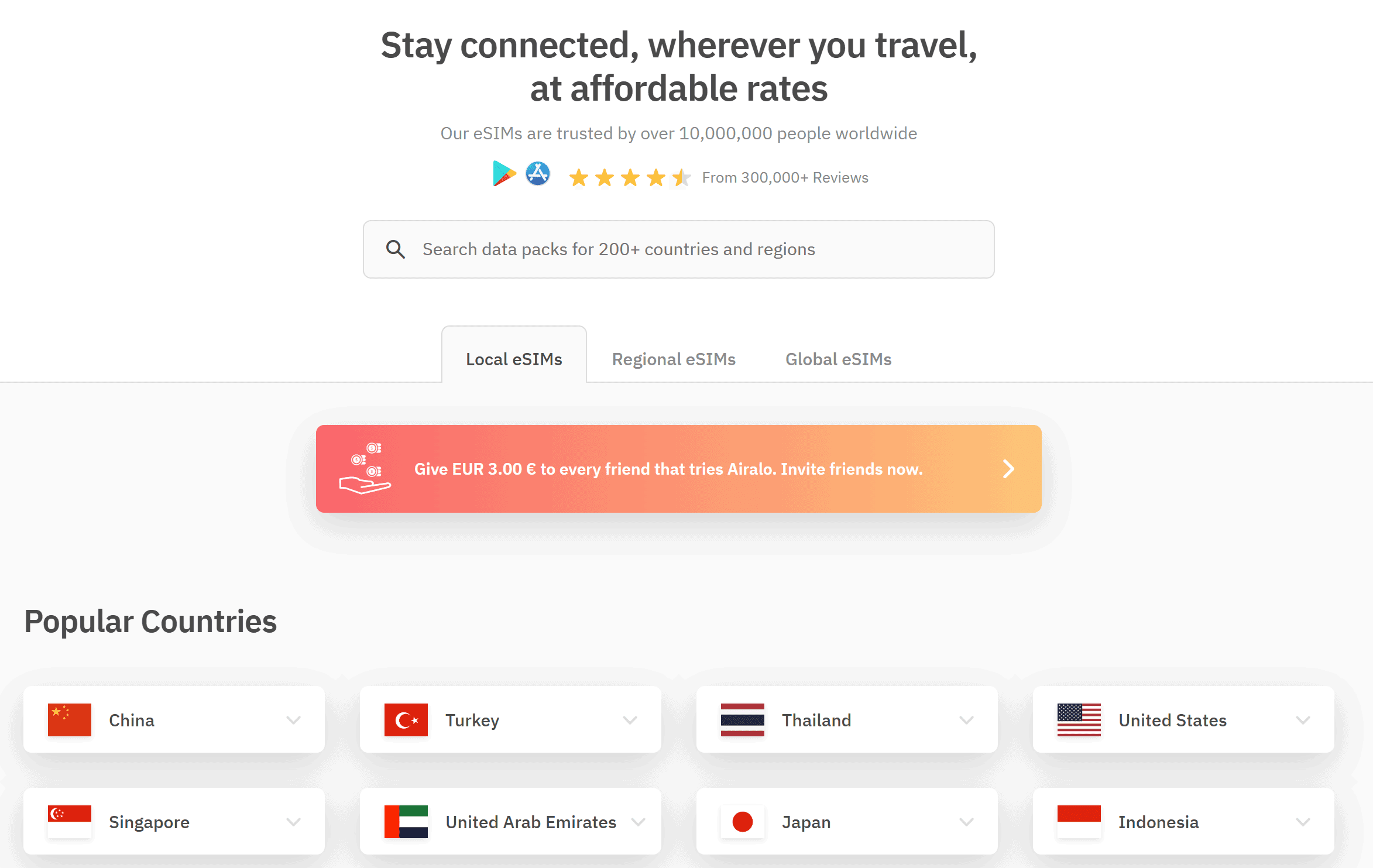 Airalo homepage showing a search bar for data packs in 200+ countries and popular country buttons, including China, Turkey, and the US. A banner offers €3 credit for referrals.