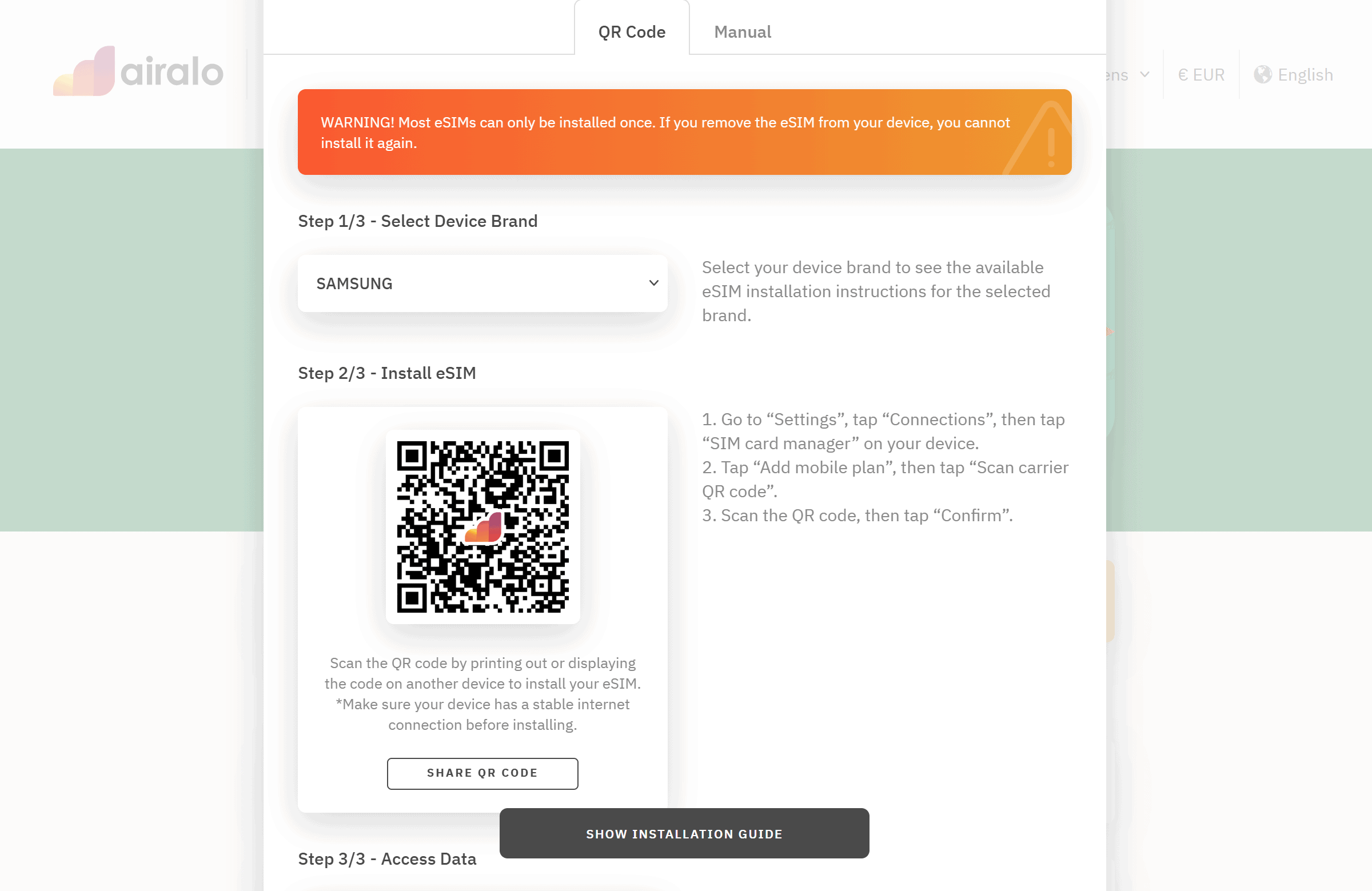A QR code installation screen from Airalo for Samsung devices with instructions to install an eSIM by scanning the code. It warns that most eSIMs can only be installed once and cannot be reused if deleted.