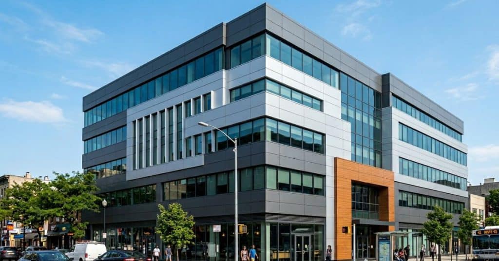 Modern glass and gray office building with a wooden framed entrance on a busy city street