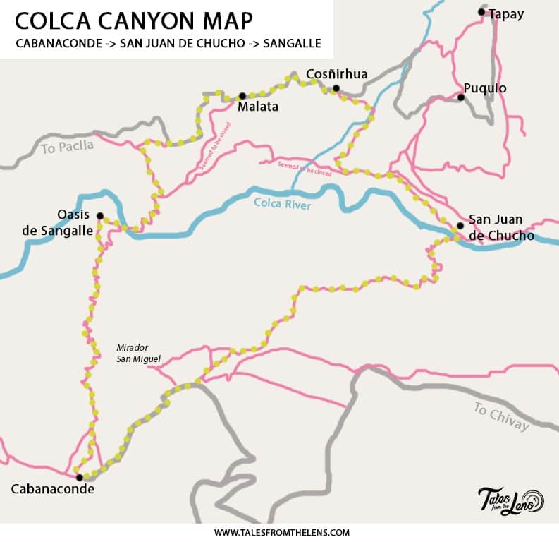Map of the Colca Canyon Hikes and Treks. Hiking the Colca Canyon is a must do while visiting the city of Arequipa. Only a couple of hours bus ride outside of town, it is possible to watch condors soar and hike the second deepest canyon in the world. It is very easy to save money and do this hike self-guided. https://talesfromthelens.com/2018/05/25/hiking-colca-canyon-without-guide-peru/