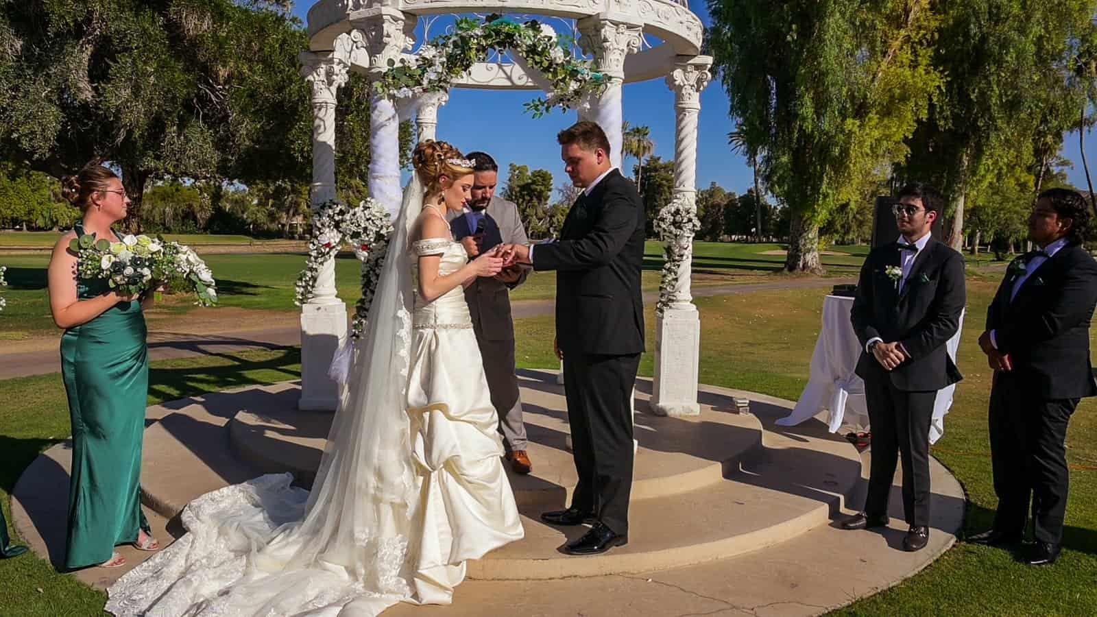 A romantic outdoor wedding ceremony featuring the bride and groom, officiant, and wedding party in a scenic park setting.