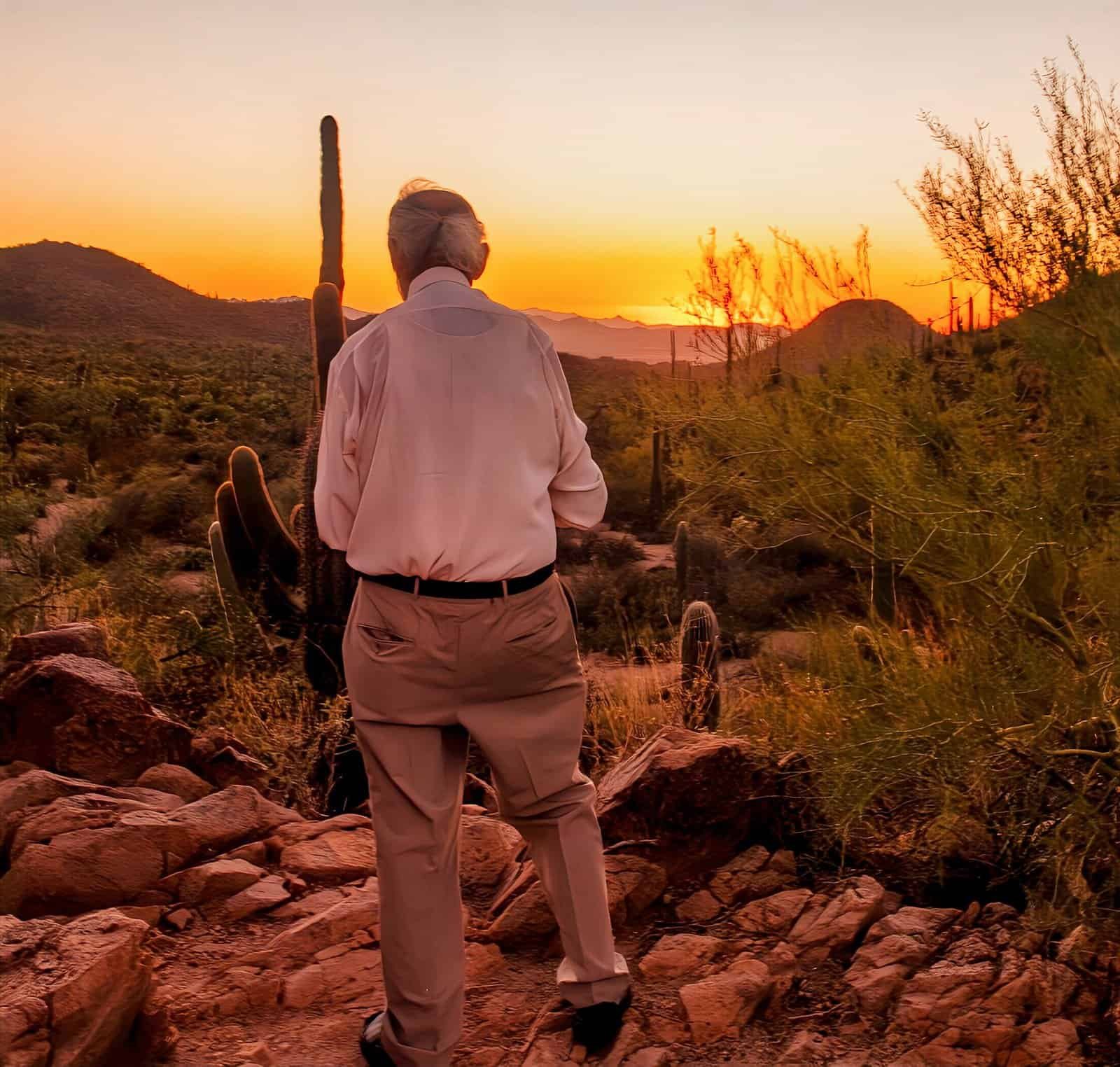 Captivating desert landscape at sunset featuring a man observing the scenic view of cacti and mountains.