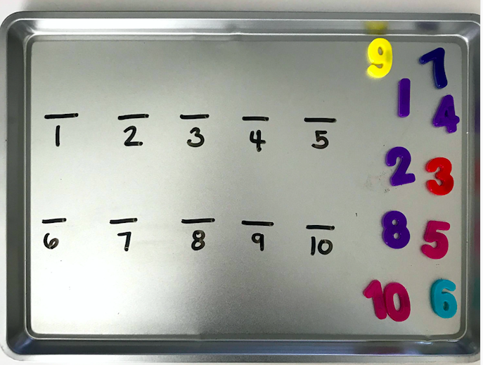Metal Pan with ordering numbers from 1-10. Just one easy way to use these interactive work tasks.