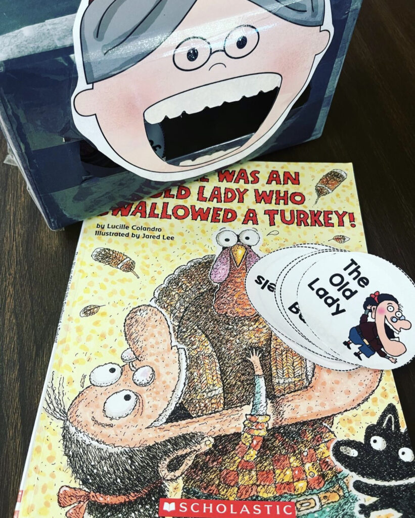 The Old Lady Face on a tissue box with pieces insert as you read the story to make it engaging for your learners.