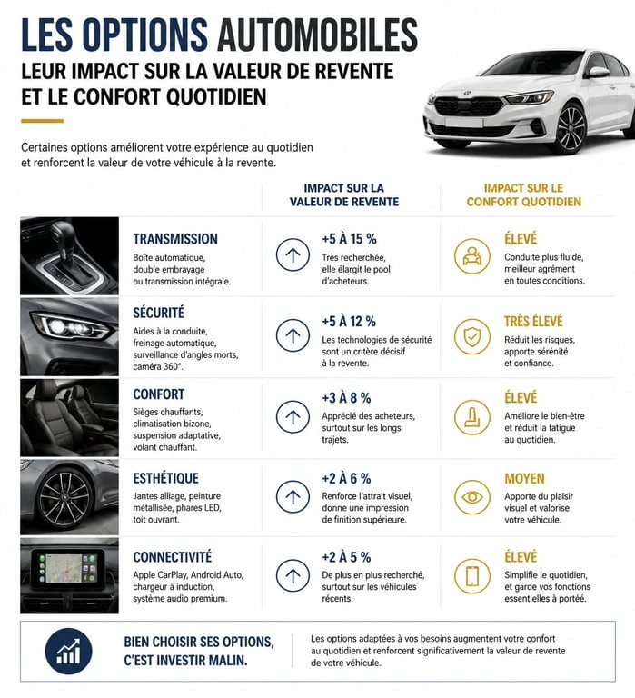 Infographie sur l'impact des options voiture sur la revente et le confort