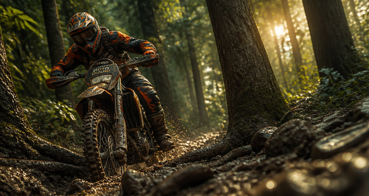 moto enduro franchissant sentier boueux forêt