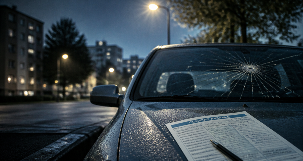 pare brise cassé par un tiers sur voiture grise stationnée