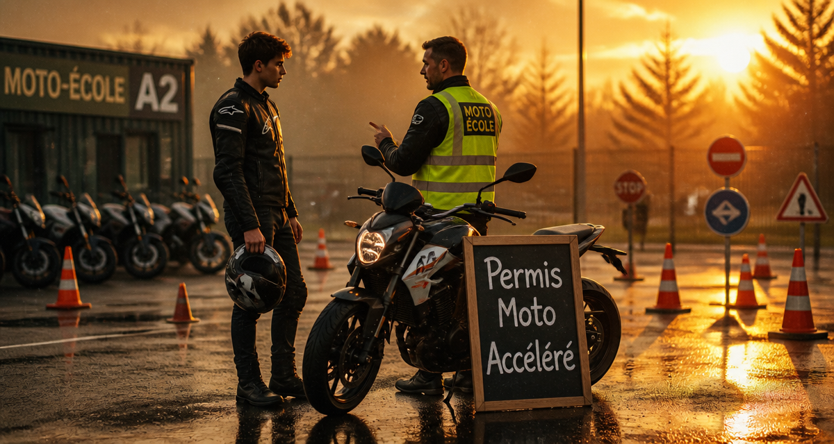 permis accéléré moto sur parking auto-école