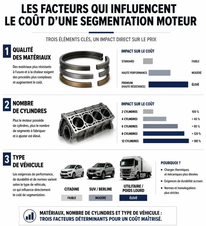 Infographie sur les facteurs influençant le prix de la segmentation moteur et le coût moyen par type de véhicule