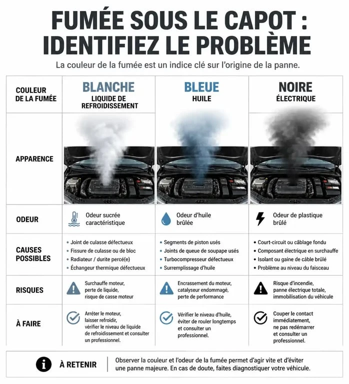 Tableau comparatif des causes de fumée sous le capot d'une voiture et odeurs associées