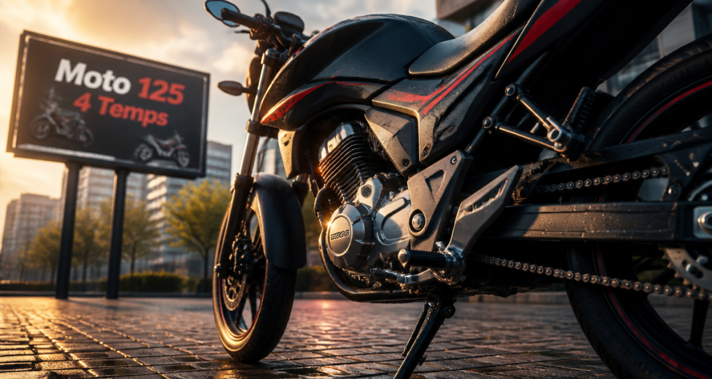 Moto 4 temps 125 noire et rouge sur place urbaine