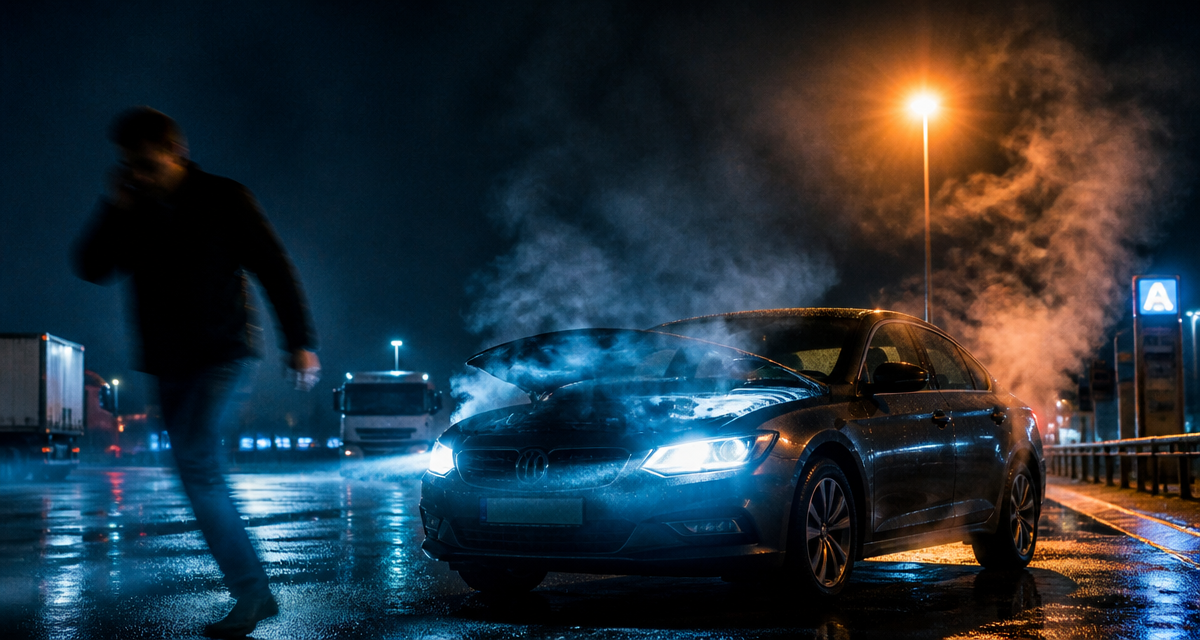 voiture qui fume sous le capot et odeur sur aire d'autoroute