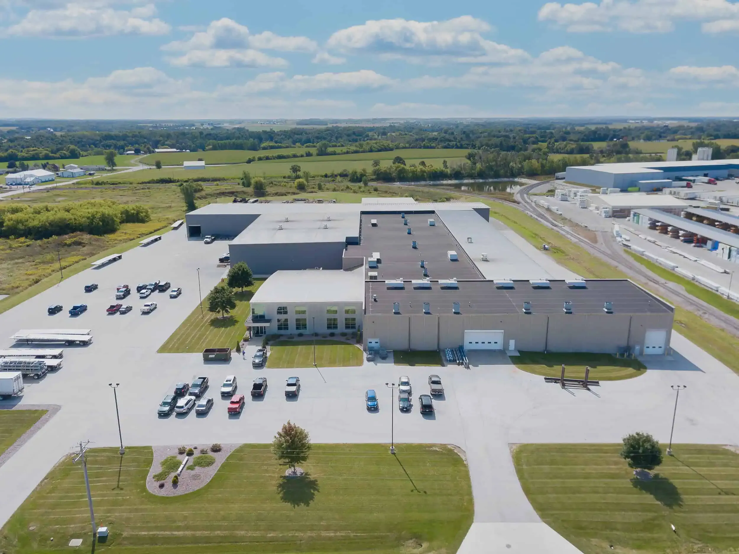 Aerial view of large industrial warehouse complex