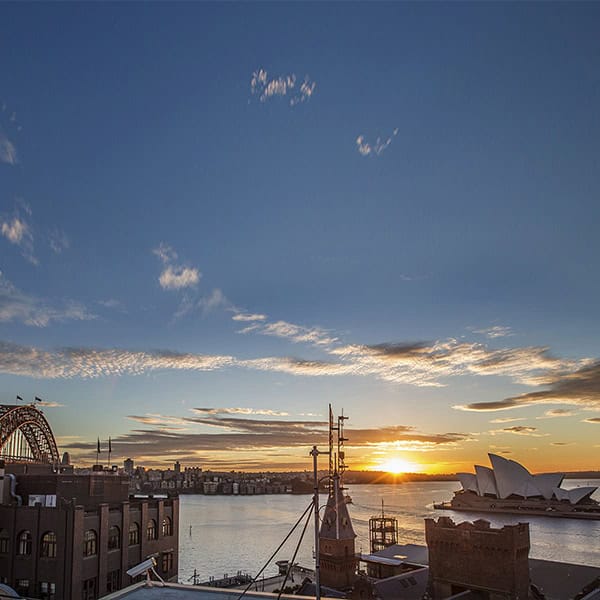 Sydney city with the opera house, bridge and the rocks at sunrise