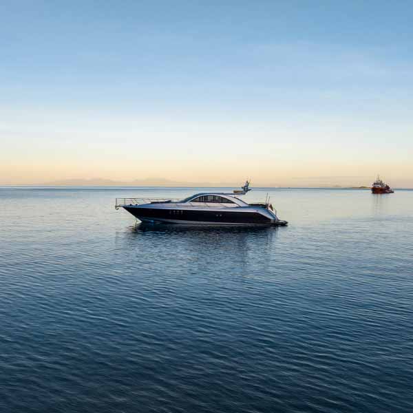 A luxury motorboat on calm waters
