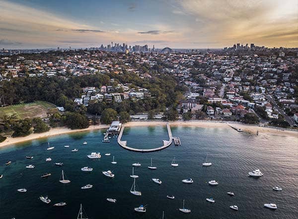 Aerial view Sydney's Seaplane terminal and boats moored at Rose Bay in Sydney