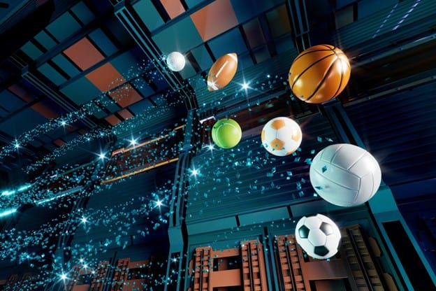 Digital sports betting and online casino graphics with various sports balls and a futuristic background.