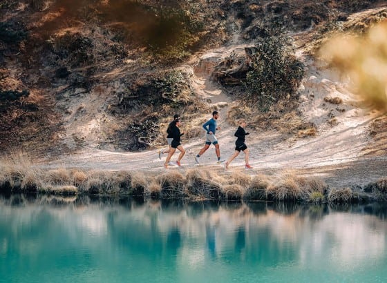 People jogging along a scenic lakeside trail surrounded by nature, highlighting outdoor fitness and wellness activities.