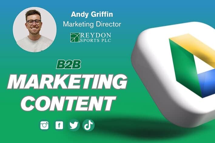 AIsoX9iQpZd-WwtROUv4z_tUlR4q2bYzQ8s6mRstyMKw, a smiling young man with glasses representing Andy Griffin, Marketing Director at Reydon Sports PLC, promoting B2B sports marketing content.