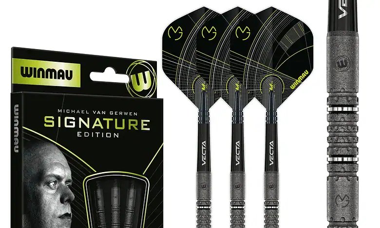 High-performance professional darts from Winmau's Michael Van Gerwen Signature Edition, featuring durable tungsten steel tips and precision grip, perfect for serious darts players and sports enthusiasts.