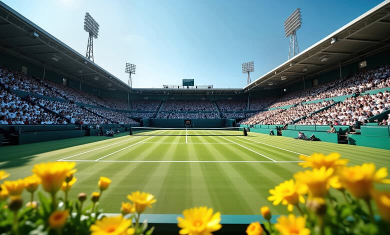 Bright tennis court at a professional stadium filled with cheering spectators, illuminated by stadium lights under a clear blue sky, showcasing top-tier sports event atmosphere.