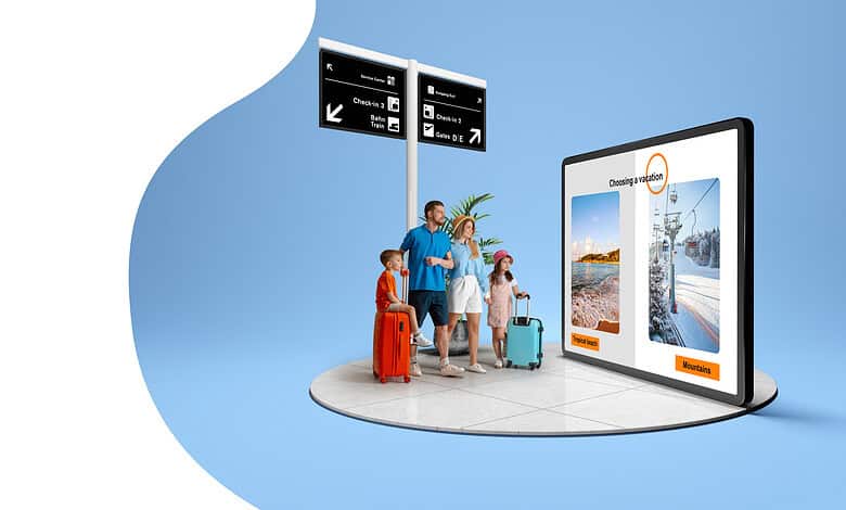 Family of four with suitcases at airport terminal, choosing holiday destinations on digital screen, travelling, vacation planning, airport, travel, family holiday, leisure, tourism, travel planning, holiday destinations.