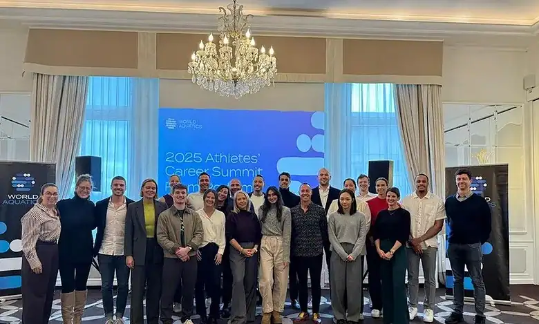 1. Group photo of athletes and professionals attending the 2025 Athletes' Career Summit organised by World Aquatics.