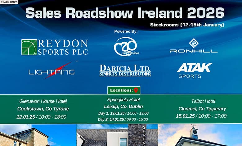 1. Eye-catching promotional poster for the 2026 Sports Insight sales roadshow in Ireland featuring logos of top sports equipment brands like Reydon Sports, Ronhill, and Atak Sports.