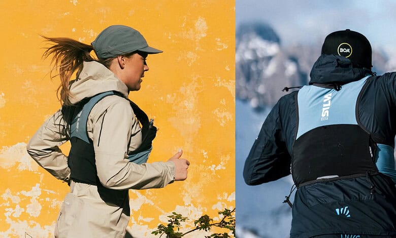 A woman trail running in outdoor gear on a bright yellow background, showcasing athletic performance and outdoor sports activity.