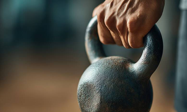 Kettlebell being lifted during a workout session at the gym.
