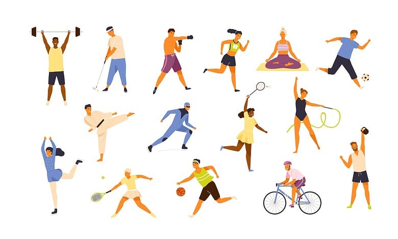 High-energy athletes engaging in various sports activities including running, cycling, yoga, tennis, and soccer, showcasing diverse fitness routines and active lifestyles.