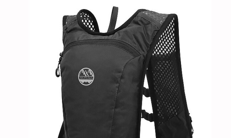 Durable black sports hydration backpack with adjustable straps and breathable mesh side panels, ideal for outdoor activities and running.