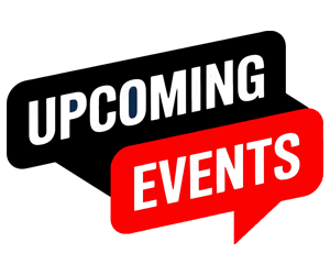 Upcoming sports events poster with bold text 'Upcoming Events' in black, white, and red colors, promoting upcoming sports competitions and tournaments.