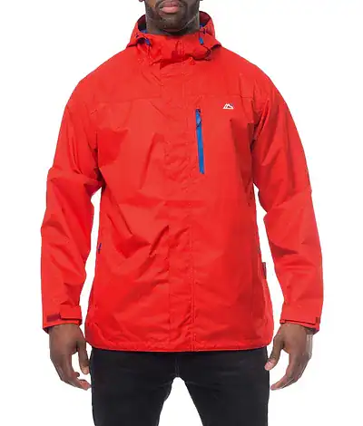 Men's waterproof jacket in high risk red with adjustable hood and zippered pocket, ideal for outdoor sports and rainy weather.