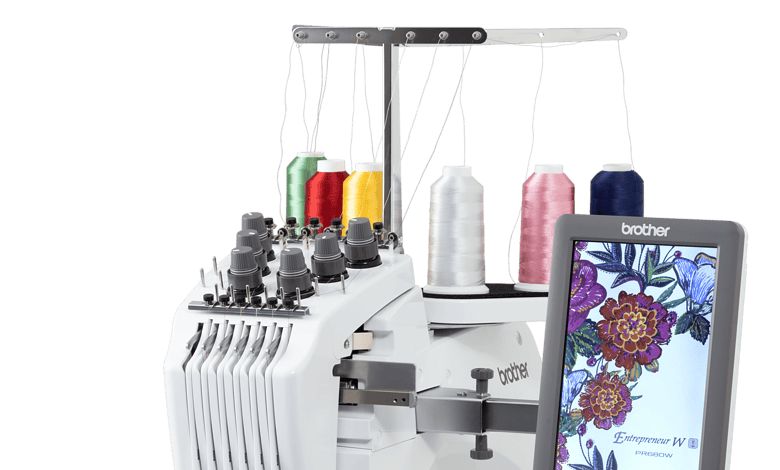 High-tech Brother embroidery machine with digital touchscreen and multiple thread spools, ideal for professional embroidery and textile businesses.