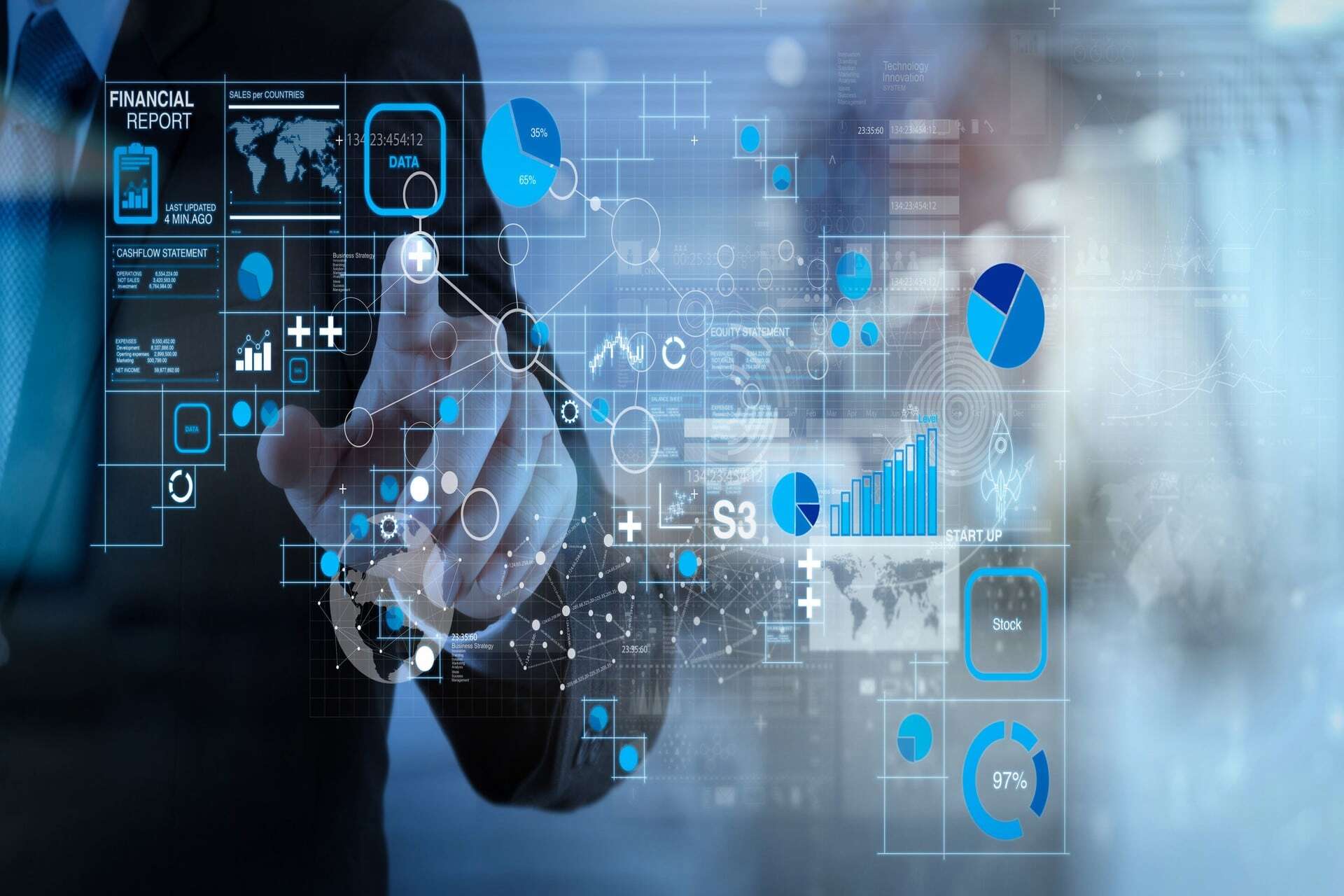 businessman hand working with modern technology and digital laye