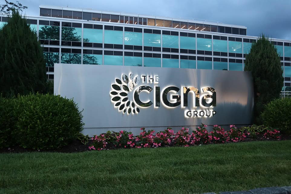Halo-lit stainless monument sign for The Cigna Group Wilde campus