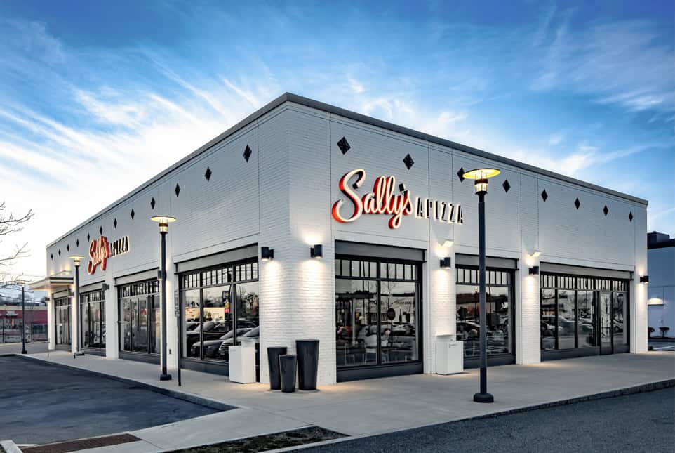 Sallys Pizza restaurant sign ARTfx exterior neon halo lit letters