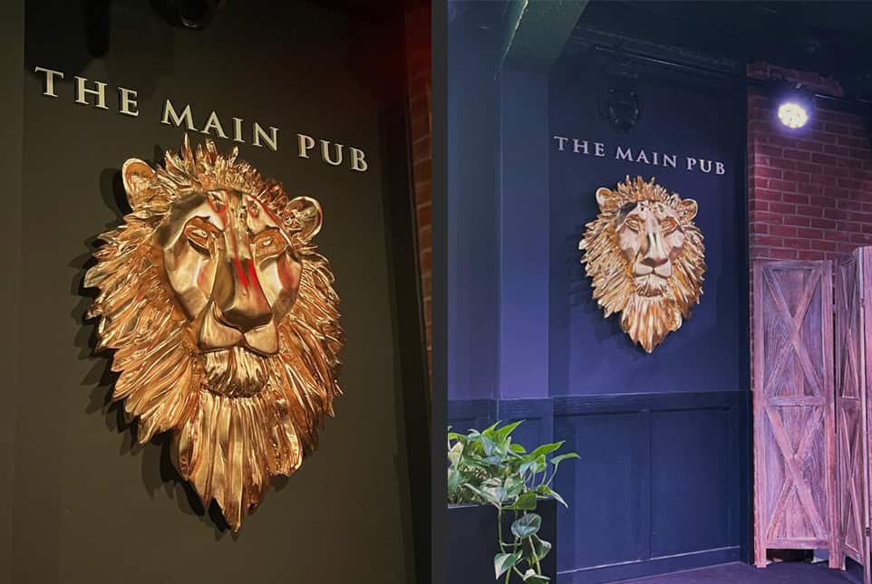 Gold lion head wall sign for The Main Pub, ideal for restaurant and bar branding.