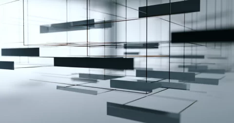 Abstract wireframe showing layered content panels connected by dependency lines, representing how SEO content strategy components relate within a larger system.