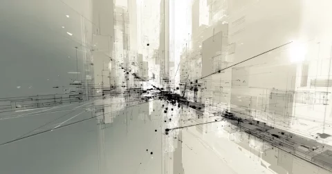 Abstract wireframe fragment showing content flow within a social media system, using minimal structure and a restrained slate accent color.