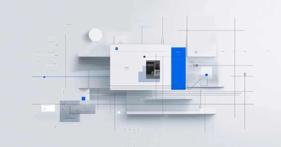 Minimalist abstract illustration representing modern web design inspiration with structured layout blocks, generous white space, and subtle blue accents.