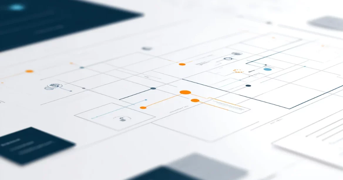 Minimalist web design feature image showing an abstract interface grid with subtle wireframe elements, ample white space, and restrained blue, teal, and orange accents.