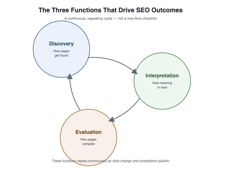 What Are SEO Systems and How Do They Work 1 Diagram of the three connected SEO functions: Discovery, Interpretation, and Evaluation, shown as a continuous repeating cycle