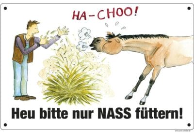 Comic Schild Pferd - Heu bitte nass füttern