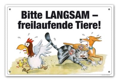 Comic Schild Hund - Bitte langsam - freilaufende Tiere